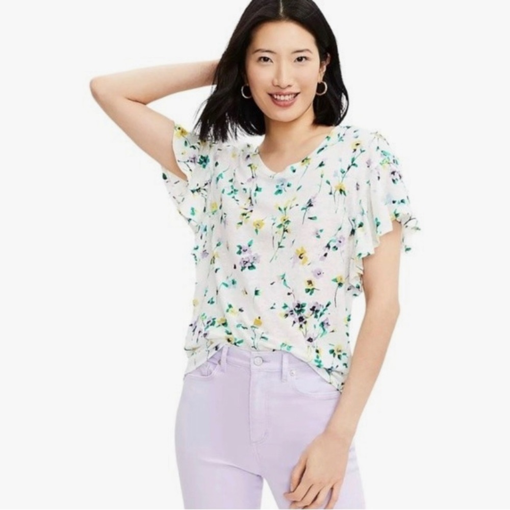 LOFT Linen Floral Flutter Sleeve Scoop Neck Top